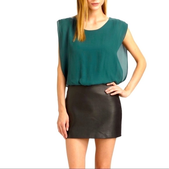 Parker Woman Green Silk & Black Leather Combo Mini Dress Size S - Picture 15 of 15